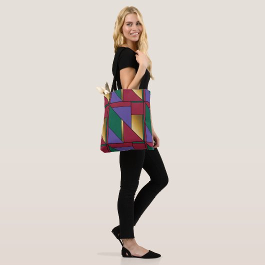 Tote Bag Motif géométrique Gold violet vert rouge (Sur le modèle)