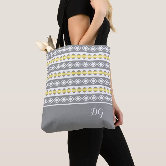 Tote Bag Motif géométrique gris et blanc élégant (De près)