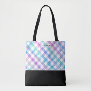 Tote Bag Motif Gingham Bleu Iridescent avec Monogramme