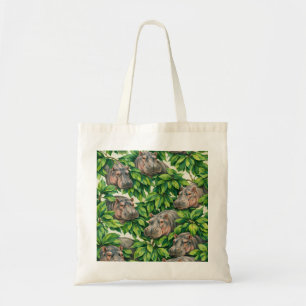 Tote Bag Motif Hippopotame et Feuilles Tropicales