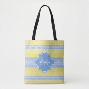Tote Bag Motif Knit jaune et bleu clair avec Monogramme