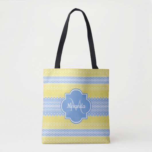 Tote Bag Motif Knit jaune et bleu clair avec Monogramme (Devant)