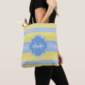 Tote Bag Motif Knit jaune et bleu clair avec Monogramme (De près)