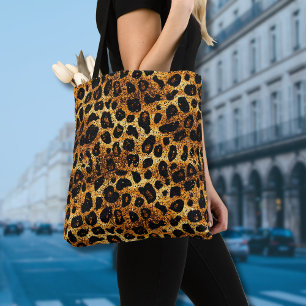 Tote Bag Motif Léopard Marron Doré Pailleté Luxe