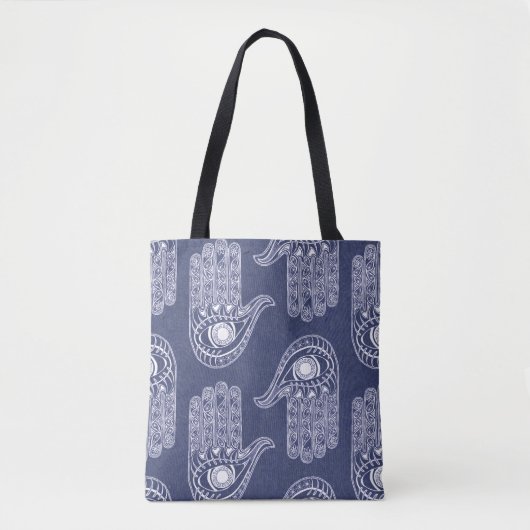Tote Bag Motif main de hamsa bleu et blanc / défense oculai (Devant)
