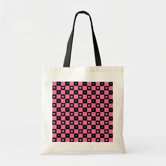 Tote Bag Motif moderne Pink and Black Checker Coeurs filles (Devant)