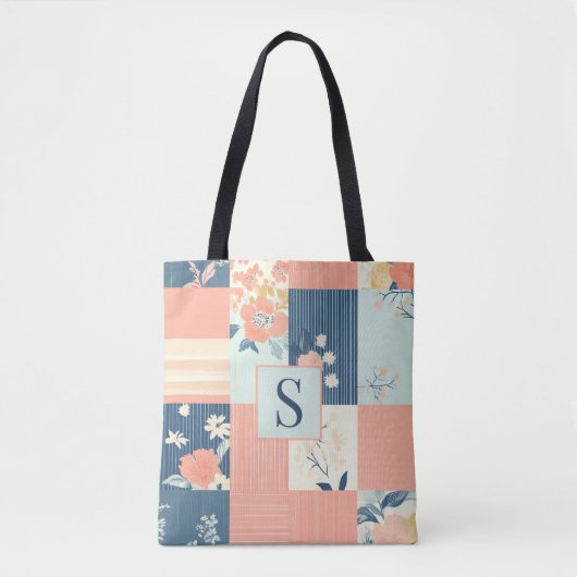 Tote Bag Motif Monogramme rose et bleu en écaille (Devant)