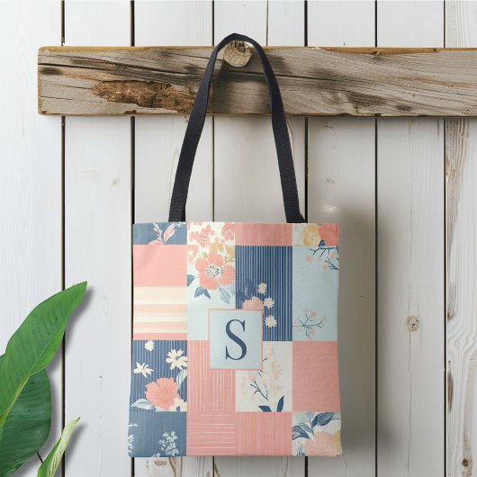Tote Bag Motif Monogramme rose et bleu en écaille