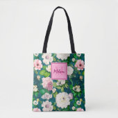 Tote Bag Motif monogramme vert fleuri et rose (Devant)