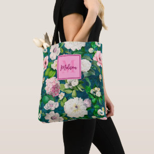 Tote Bag Motif monogramme vert fleuri et rose