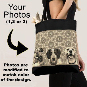 Tote Bag Motif noir et or avec photo de chien couleur sépia