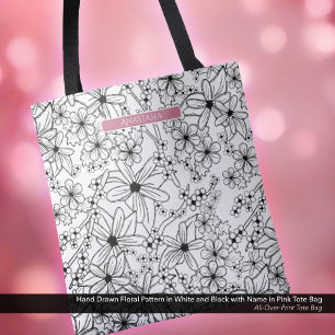 Tote Bag Motif noir floral et blanc à la main et nom rose