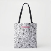 Tote Bag Motif noir floral et blanc à la main et nom rose (Devant)
