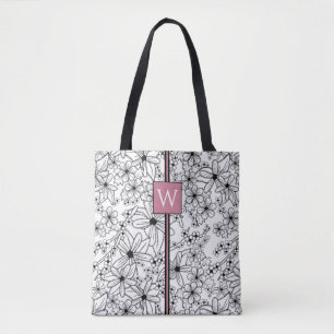 Tote Bag Motif noir floral et Monogramme blanc