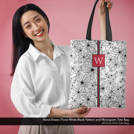 Tote Bag Motif noir floral et Monogramme blanc