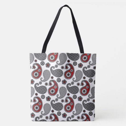 Tote Bag Motif Paisley, noir, blanc et rouge (Devant)