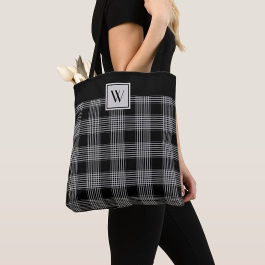 Tote Bag Motif Plaid Monogramme Noir Et Gris (De près)