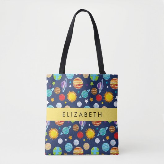 Tote Bag Motif, Planètes, Étoiles, Cosmos, Votre Nom (Devant)