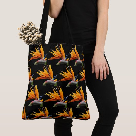 Tote Bag Motif Plante Orange Bird of Paradise sur Noir (De près)