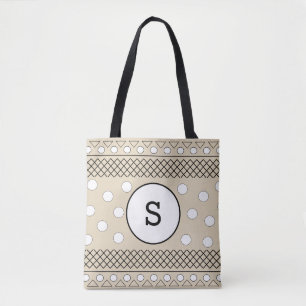 Tote Bag Motif Points Imprimé Monogramme Beige