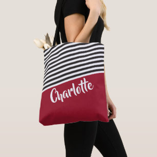 Tote Bag Motif rayé noir rouge Nom personnalisé