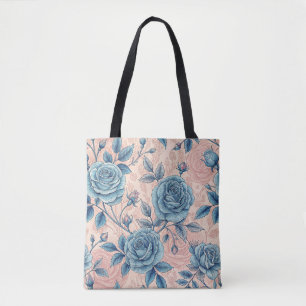 Tote Bag Motif Rose bleu rétro sur Arrière - plan rose doux