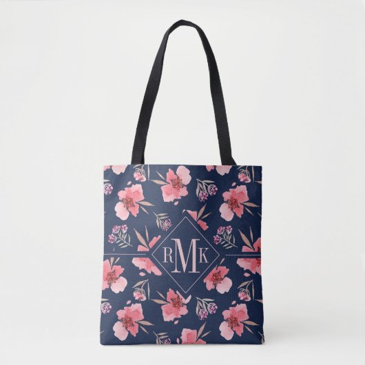 Tote Bag Motif rose foncé d'aquarelle du monogramme | (Devant)