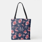 Tote Bag Motif rose foncé d'aquarelle du monogramme | (Dos)