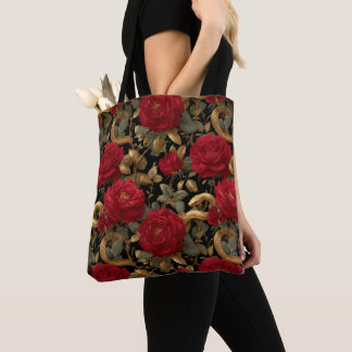 Tote Bag Motif Roses Rouges et Serpents Dorés