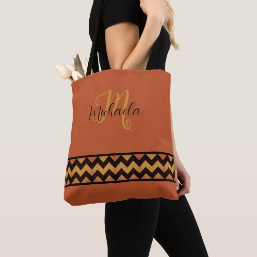 Tote Bag Motif Rustique Orange Chevron (De près)