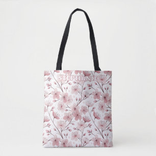 Tote Bag Motif Sakura en fleurs de cerises roses sur blanc