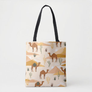 Tote Bag Motif sans couture avec chameaux, dunes et cactus.