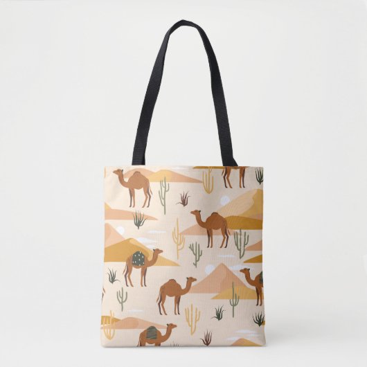 Tote Bag Motif sans couture avec chameaux, dunes et cactus. (Devant)