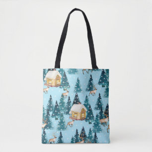 Tote Bag Motif sans couture avec village d'hiver dans la fo