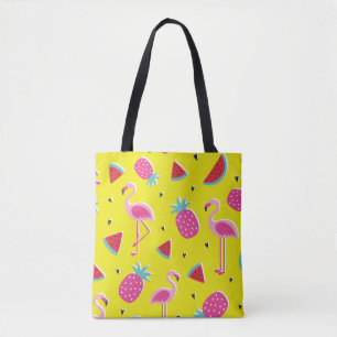 Tote Bag  motif tropical à ananas rose, flamants roses, w