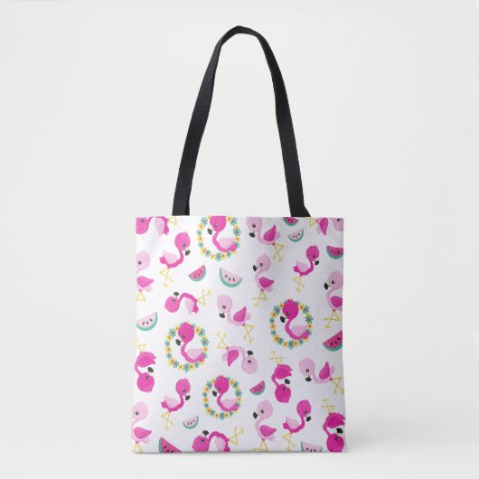 Tote Bag Motif tropical, Flamants roses, pastèques, Fleurs (Devant)