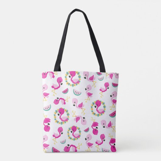 Tote Bag Motif tropical, Flamants roses, pastèques, Fleurs (Dos)