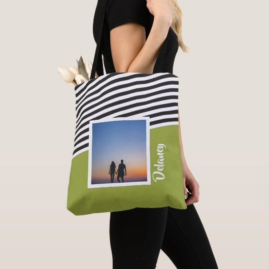 Tote Bag Motif vert et rayé Photo personnalisée (De près)