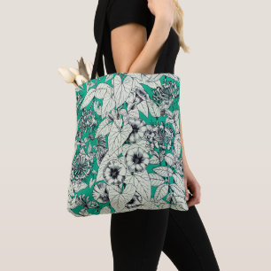 Tote Bag Motif vert Turquoise blanc de fleurs graphiques