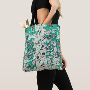 Tote Bag Motif vert Turquoise blanc de fleurs graphiques