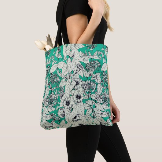 Tote Bag Motif vert Turquoise blanc de fleurs graphiques (De près)