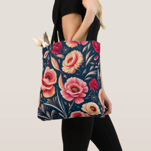 Tote Bag Motif vintage rose, orange et rouge