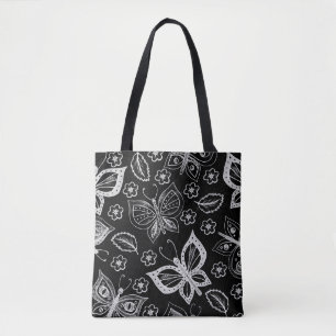 Tote Bag Motif Whimsical Black & White Butterfly