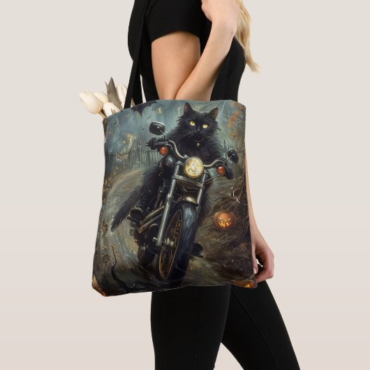 Tote Bag Moto à équitation Chat Noir Halloween effrayant (De près)
