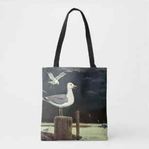 Tote Bag Mouette vintage perchée sur une jetée, oiseaux mar