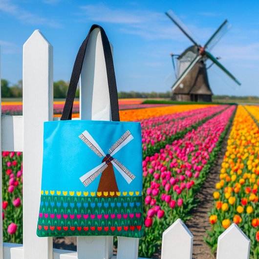 Tote Bag Moulin à vent parmi les fleurs de tulipes