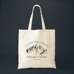 Tote Bag Mountain Woodland Forest Wedding Favor Cadeau<br><div class="desc">Belle simple art AVENTURE ATTEND MONTAGNE Le cadeau/mariage de la mariée MARIAGE favorise la conception de cadeau avec le nom et la date/le lieu de votre choix. Personnalisez-le avec les noms du couple ou de la demoiselle d'honneur... ... ou customisez-le plus si vous souhaitez modifier la police, la taille et...</div>
