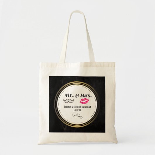 Tote Bag Moustache & Lèvres M. & Mme Black & Gold Mariage (Devant)