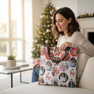 Tote Bag Multi Photo Collage Simple Moderne Hexagon Motif