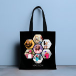 Tote Bag Multiphoto Collage moderne Nom personnalisé<br><div class="desc">Multi Photo Collage Modern Personnalized Name Sac fourre-tout présente un montage photo de vos photos préférées en forme d'hexagone. Personnalisé avec votre nom dans un script noir moderne. Parfait pour l'anniversaire, Noël, Fête des Mères, grands-parents, soeur, meilleure amie et plus. CONSEIL PHOTO : centrez vos photos avant de les télécharger...</div>